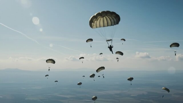 Paratroopers descending from sky during military exercise
