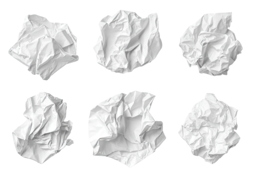 Crumpled white paper balls.  Nine crumpled pieces of white paper, isolated on black background, various shapes and textures