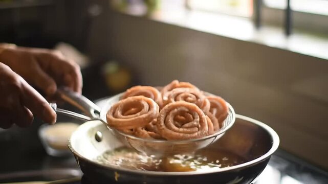 Hand frying jalebi for Chhath puja in a kitchen