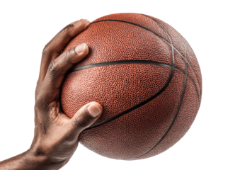 Close-up of a hand holding a basketball. The hand's fingers tightly grip the ball's surface, showcasing the leather texture and stitched lines