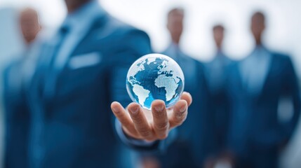 Businessperson holds a glass globe. Group blurred behind. Dark suits & ties. Blue hues. Soft light. Hand cupping the globe