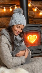 Cozy comfort with cat near fireplace.