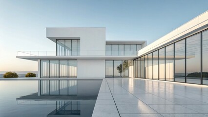 Obraz premium Stunning modern villa with infinity pool reflects serene sky and luxury architecture at sunset