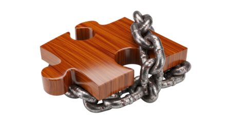 Wooden jigsaw puzzle piece bound by a heavy metal chain, symbolizing constraint or limitation.