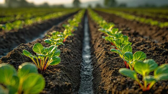 ラディッシュの新芽が並ぶ春の畝を細部まで俯瞰図