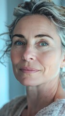 Close, photorealistic portrait of an older woman showing natural skin texture, realistic wrinkles, and detailed hair strands. Calm, dignified expression with accurate facial anatomy