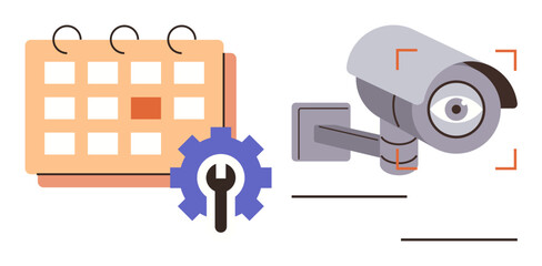 Surveillance camera with gear overlay, calendar showing scheduled tasks. Ideal for security, maintenance, scheduling, planning, monitoring, management organization. A simple flat metaphor