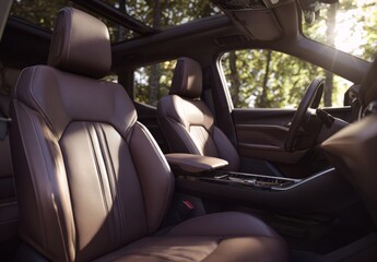 Luxury Car Interior with Leather Seats Sunlight Filtering Through Windows