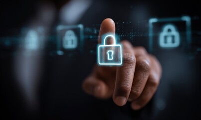 A dark-skinned finger hovers over a digital display with a glowing blue padlock icon, flanked by similar padlock icons. The scene is focused and sharp