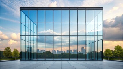 Stunning modern glass building reflects vibrant sky and distant cityscape perfect for corporate vision