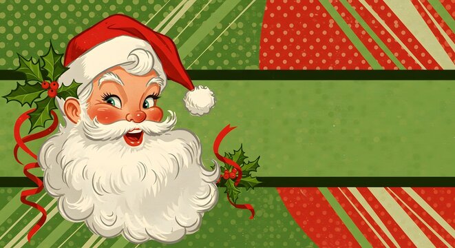 Vintage santa claus illustration with holly and ribbons on a patterned christmas background design