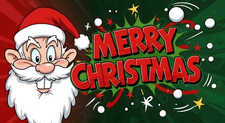 Cartoon santa claus with merry christmas text on a red and green festive background with stars and snow