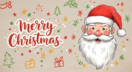 Festive christmas card featuring santa claus merry christmas text and holiday themed decorations around
