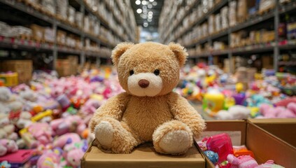 Cute Brown Teddy Bear Sitting on Cardboard Box in Toy Store with Colorful Plush Toys