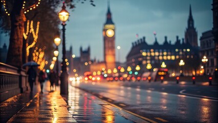 Fototapeta premium Dazzling London streetlights reflect on wet pavement near Big Ben, creating a magical evening atmosphere