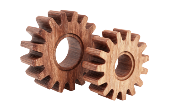 Two wooden gears, slightly overlapping, on a black background.  The gears are light brown, with visible wood grain