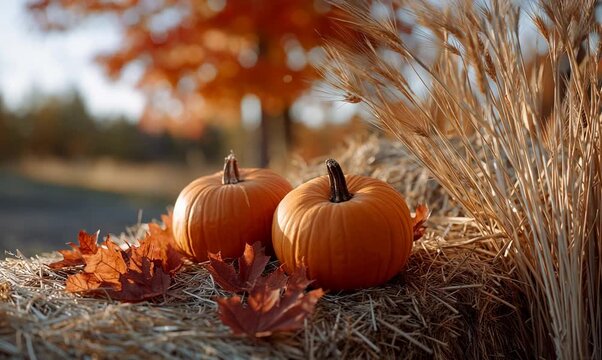 a rustic fall scene featuring bright orange pumpkins resting on golden hay bales, scattered fallen maple leaves with vivid red and orange tones, and dried wheat stalks swaying in a gentle breeze
