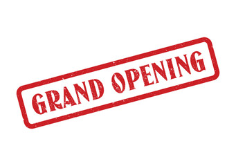 A red rectangular stamp announces a grand opening with a textured, diagonal design