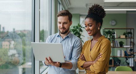 Man and woman looking at laptop near window in office with city view and bookshelf in background