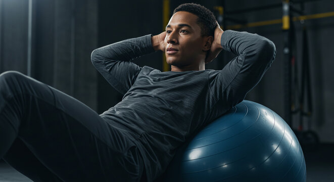 Man doing crunches on a blue exercise ball in a gym with hands behind his head wearing workout clothes