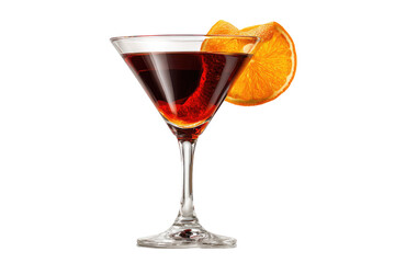 Dark cocktail in martini glass, orange slice garnish