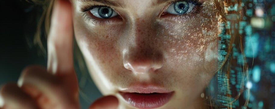 A focused, female face gazes intensely with blue eyes, augmented by digital data. Hand gesturing