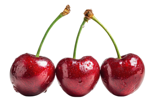 Three glossy, red cherries, close-up, isolated