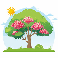 Vector watercolor blooming flower tree side view isolated on white background for landscape and architecture drawing, elements for environment or and garden,Sakura trees for .