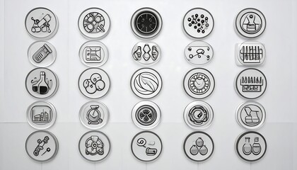A grid of simple, black line icons on circular, translucent white backgrounds
