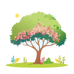 Vector watercolor blooming flower tree side view isolated on white background for landscape and architecture drawing, elements for environment or and garden,Sakura trees for .