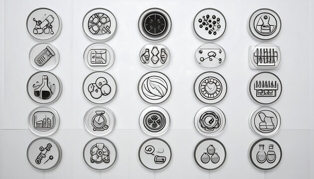 A grid of simple, black line icons on circular, translucent white backgrounds