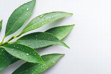 Dewy Green Leaves on White Background: A Symbol of Nature's Freshness