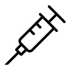 Syringe vector icon. Black line art of medical injection tool with needle. Healthcare, vaccination, and hospital equipment symbol design.