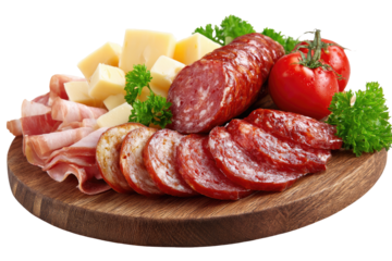 Assorted cured meats and cheese on a wooden platter. Sliced salami, ham, and cheese are arranged with fresh parsley and cherry tomatoes