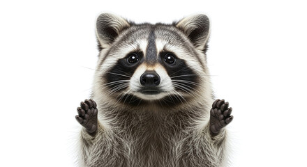 Fototapeta premium A raccoon with its paws up against a clear surface looking directly at the viewer on white background