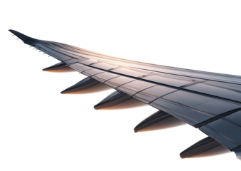 Close-up view of an airplane wing's trailing edge, showing segmented flaps