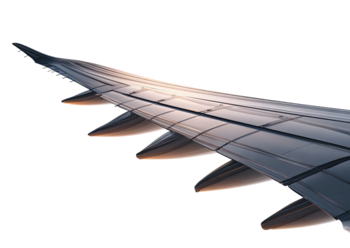Close-up view of an airplane wing's trailing edge, showing segmented flaps