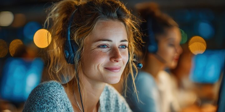 Two women in a dim office, wearing headsets, smiling. Close-up of one; others blurred - Powered by Adobe
