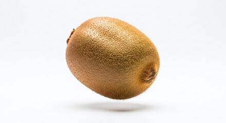 Fototapeta premium A single kiwi fruit with brown fuzzy skin isolated on a plain white background with soft shadow below