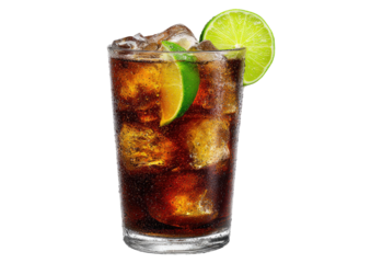 A tall, clear glass filled with a dark brown, fizzy drink.  Ice cubes are visible.  A lime wedge rests atop the drink