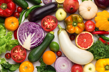 Natural food background. Farming and gardening. Assortment of fresh fruits and vegetables, top view