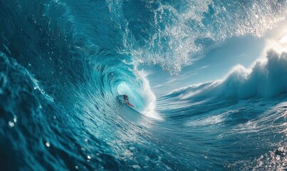 A surfer rides inside a giant, curling ocean wave, illuminated by sunlight