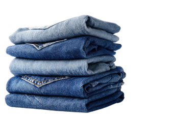 A stack of folded denim jeans in various shades of blue