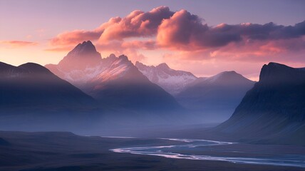 A stunning landscape of majestic mountains under a colorful sky at sunset.