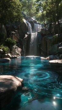 A tranquil scene of a waterfall cascading into a vibrant teal pool surrounded by lush green forest. Sunlight filters through the trees, creating a peaceful atmosphere.