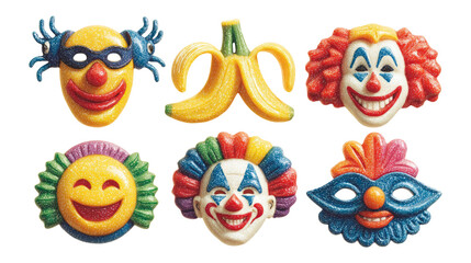 Naklejka premium Colorful Clown Masks and Banana Icon in Isolated Transparent Background