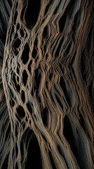 Abstract close-up of a textured surface with irregular holes and flowing, organic patterns in shades of brown, gray, and black.