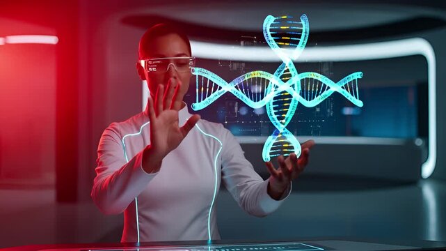 A scientist interacts with a holographic DNA helix in a futuristic lab, symbolizing digital genetic research and advanced healthcare innovation for the future - Powered by Adobe
