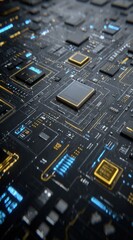 Detailed macro shot of a circuit board with golden lines and silver chips on a dark background, showcasing intricate designs