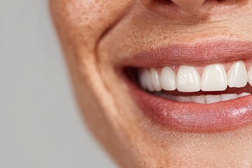 Close-up of smiling mouth, showing teeth and lips, with freckled skin detail, neutral background